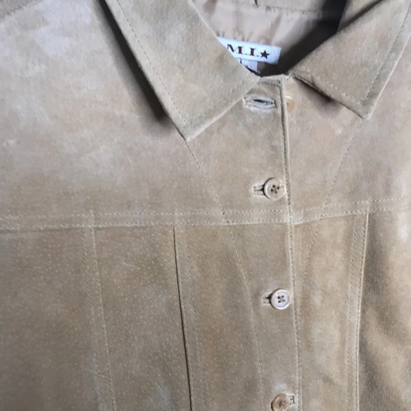 Vintage A.M.I. Alexandre Mattiussi Women’s Tan Leather Suede Jacket Knit Sleeves - Picture 5 of 6